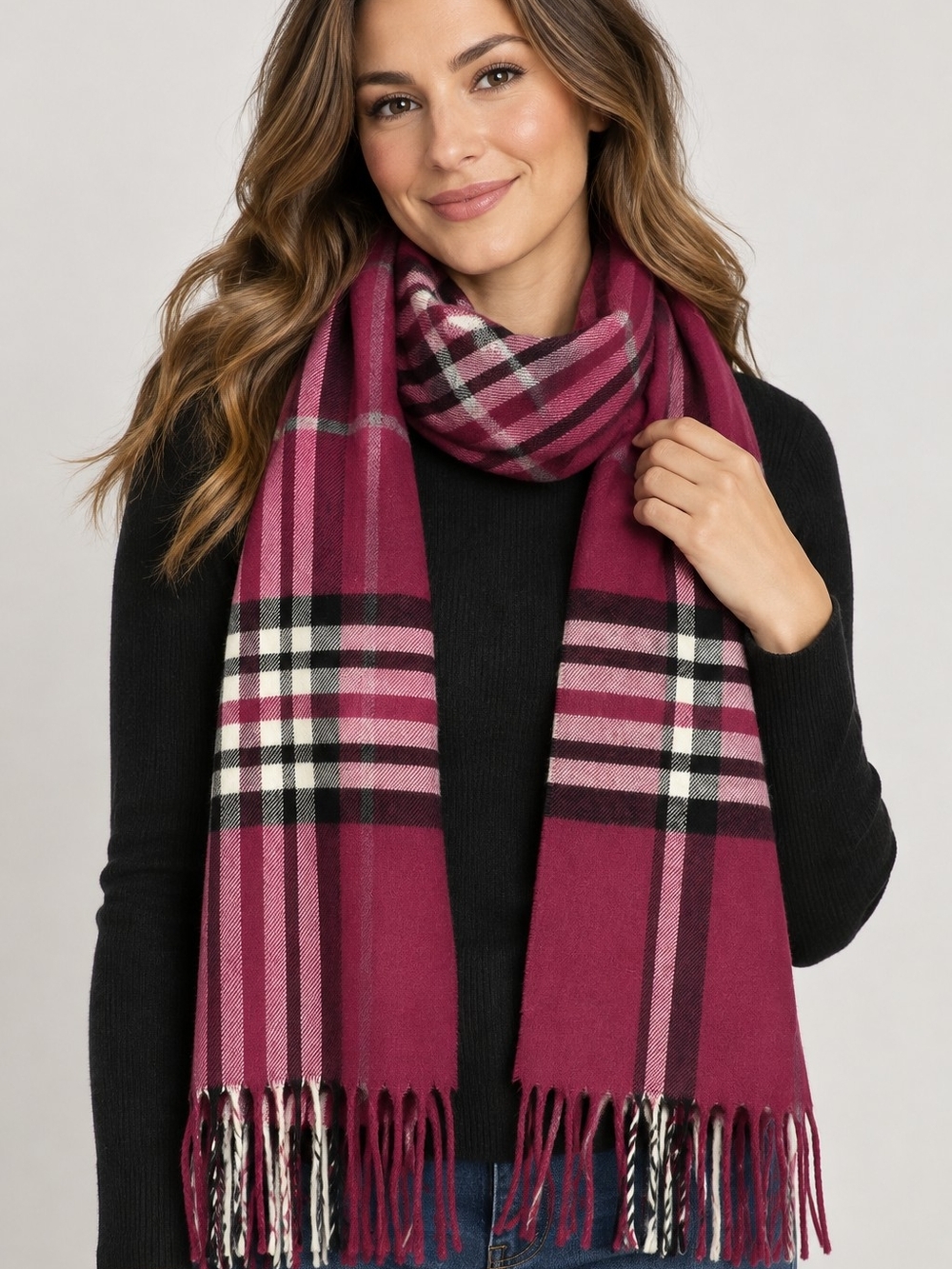 Preston & York Plaid Scarf Burgundy Pink Black White Fringe Acrylic Germany